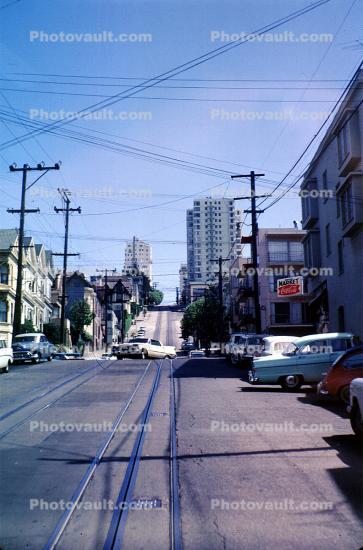Rail Tracks, incline, cars, homes, Street, May 1963, 1960s