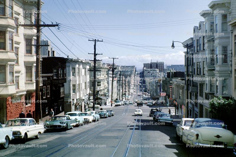 Ford Thunderbird, Nob Hill, Rail Tracks, incline, cars, homes, Street, May 1963, 1960s