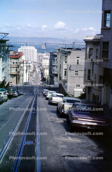Nob Hill, Rail Tracks, steep hill, incline, cars, homes, Washington Street, May 1963, 1960s