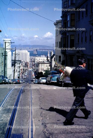 Nob Hill, Rail Tracks, steep hill, incline, Washington Street, May 1963, 1960s