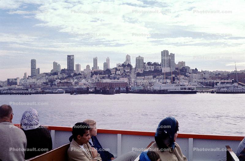 Cityscape, skyline, building, skyscraper, Downtown, Red & White fleet, piers, docks, waterfront, the Embarcadero, November 1965, 1960s