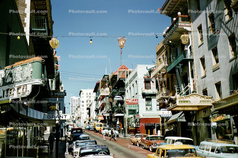 Grant Street, shops, stores, cars, automobile, vehicle, taxi cab, July 1958, 1950s