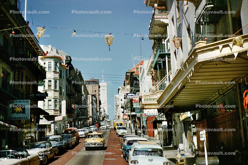 Taxi Cab, automobile, vehicle, cars, balcony, Grant Street, shops, stores, July 1958, 1950s