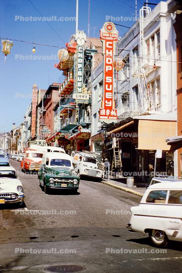 Chop Suey, Panel Truck, Taxi Cab, cars, Grant Street, shops, stores, delivery van, July 1958, 1950s