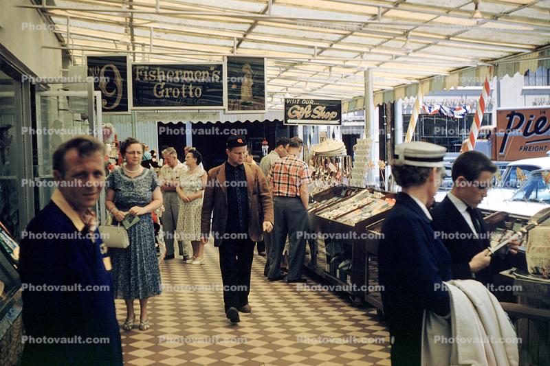 Shops, restaurants, people, July 1958, 1950s
