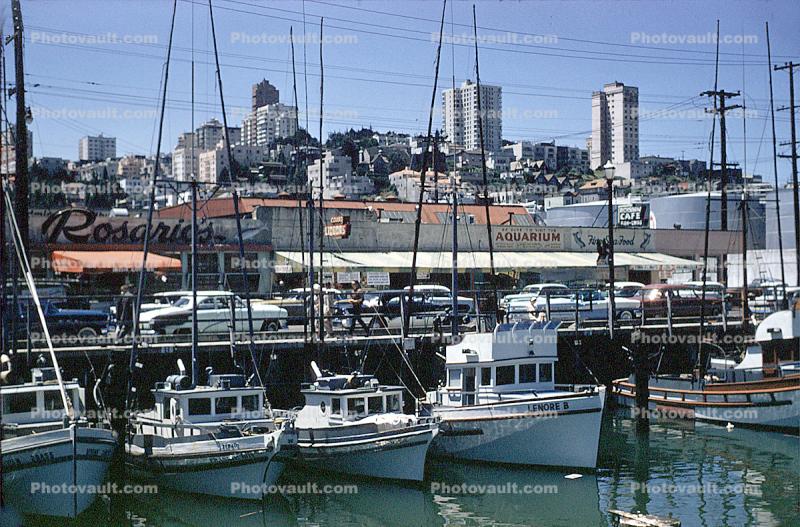 Rosarios, Docks, Harbor, piers, boats, cars, Aquarium, July 1958, 1950s