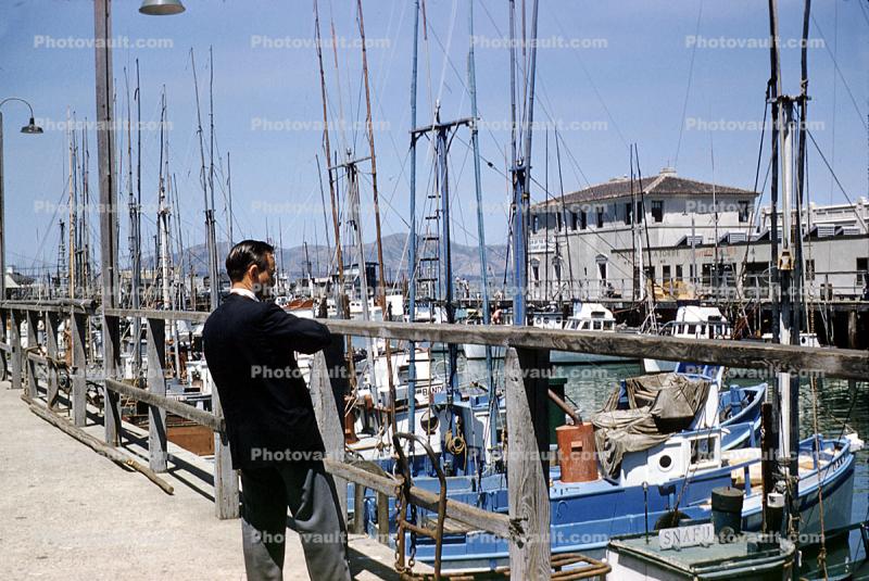 Man, Docks, Harbor, piers, boats, July 1958, 1950s