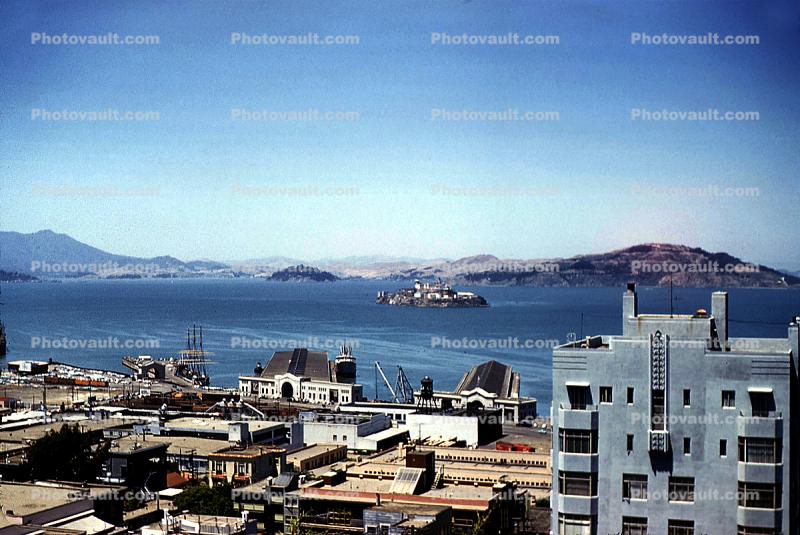 view from Coit Tower, Angel Island, Mount Tamalpais, docks, ships, pier, July 1958, 1950s