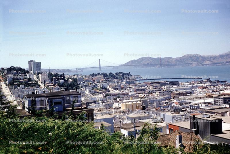 view from Coit Tower, Golden Gate Bridge, Northbeach, July 1958, 1950s