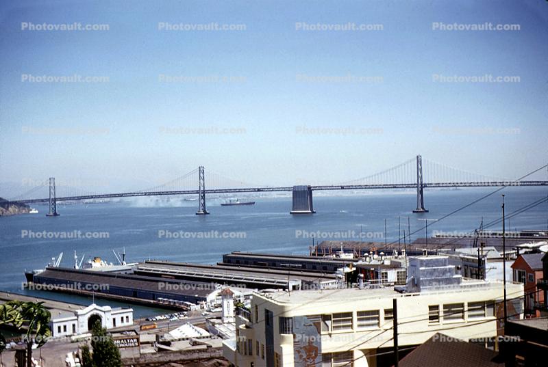 Docks, Piers, ships, the Embarcadero, San Francisco Oakland Bay Bridge, July 1958, 1950s