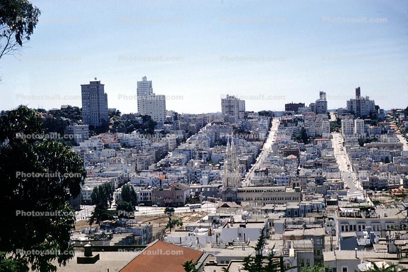 view from Coit Tower, Northbeach, Washington Square, Church, July 1958, 1950s