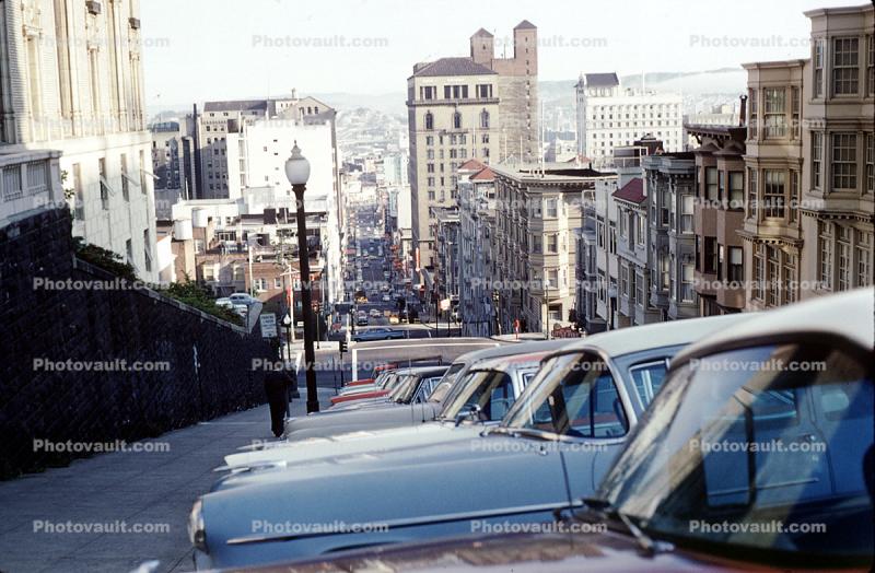 Parked Cars, Vehicles, steep street, August 1960, 1960s