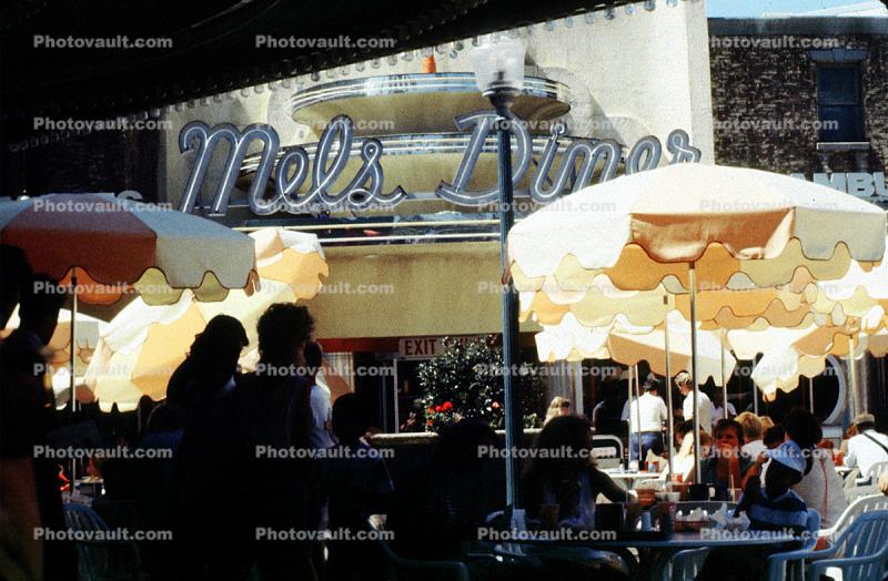 Mel's Diner, Parasol, 1988, 1980s, building, detail