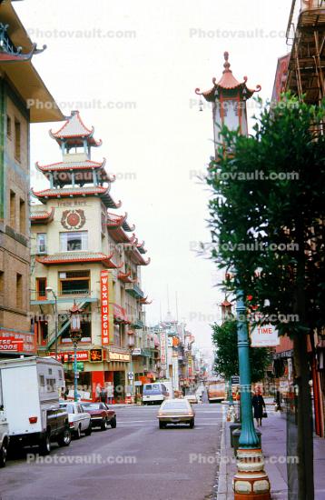 Grant Street, buildings, sidewalk, cars, pagoda, shops, Vehicles, 1974, 1970s