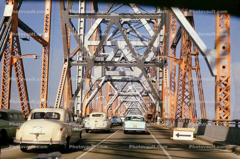 Crossing the Bridge, Two Way Traffic, cars, traffic, Vehicles, 1957, 1950s