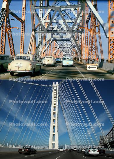 Bay Bridge before and after, Cars, Vehicles, 1957, 2015, 1950s, new eastern section, self-anchored suspension main span