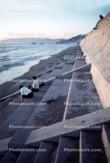 Ocean Beach seawall, sand, sky, Ocean-Beach, May 1962, 1960s