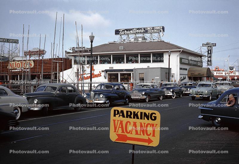 Fishermans's Wharf Buildings, Tarantino's, Buick, Studebaker Champion, Ford, Alioto's, 1950s