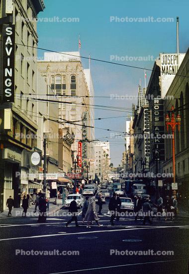 Sacramento Street, San Francisco, Roos Atkins, Joseph Magnin, Macy's, cars, traffic, building, 1950s
