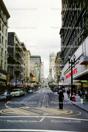 Turntable, Powell and Market Street, Cars, Vehicles, Woolworth's, buildings, July 1965, 1960s