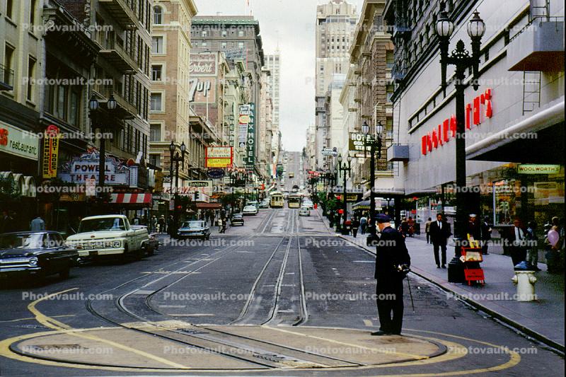 Woolworth's, Turntable, Powell and Market Street, cars, buildings, July 1965, 1960s