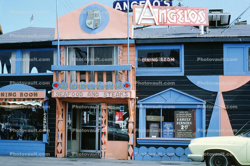 Angelo's Restaurant, Dining Room, building, Seafood and Steaks, October 1968, 1960s, detail