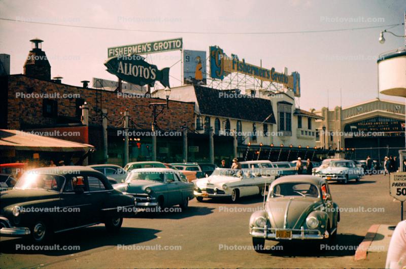 Cars, Vehicles, Automobiles, Aliotos, Fisherman's Grotto, Volkswagen, Ford, Chevy, 1950s