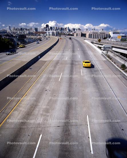 Interstate Highway I-280, from Potrero Hill, freeway, skyline, taxi cab, car