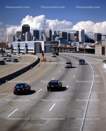 Interstate Highway I-280, from Potrero Hill, freeway, skyline, cars