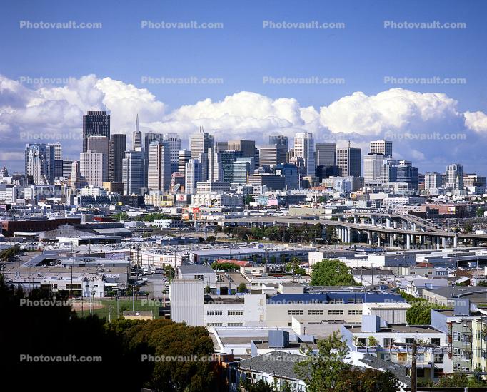 Interstate Highway I-280, from Potrero Hill, freeway, skyline, buildings