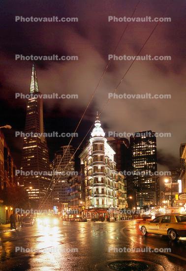 Columbus Tower - Sentinal Building, Cafe Niebaum-Coppola, Columbus Street, Transamerica Pyramid, Twilight, Dusk, Dawn