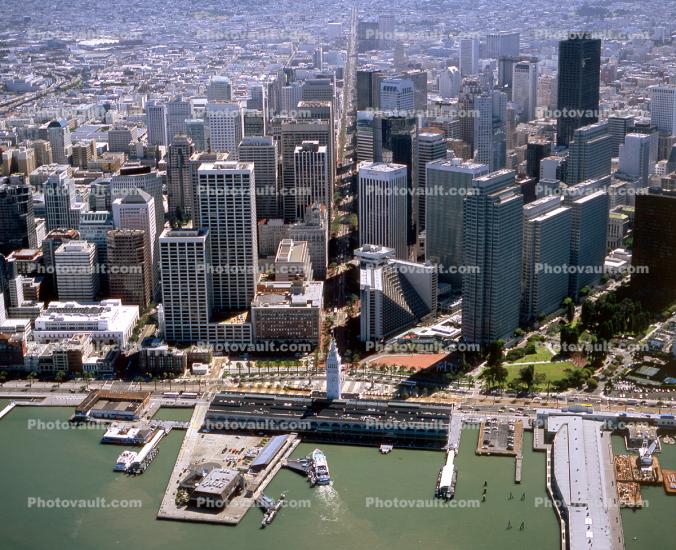Market Street, Ferry Plaza, The Embarcadero, Cityscape, skyline, buildings, downtown, skyscrapers, Ferry Building, docks, piers