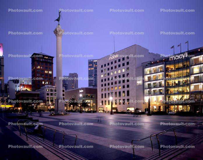 Union Square, Twilight, Dusk, Dawn, downtown, Macy's, shops, stores, downtown-SF