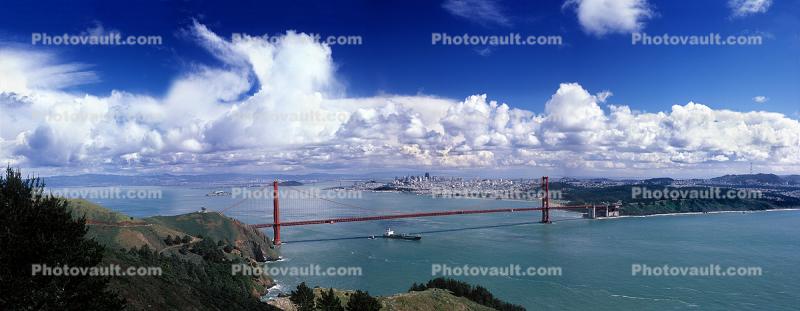 Cumulonimbus Cloud, cumulus clouds over the city, Oil Tanker, Golden Gate Bridge, Panorama