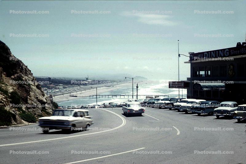 Chevy Impala, Cliff House, Chevrolet, Ocean-Beach, Great Highway, windmill, cars, parking, awning, pier, Cliff-House, June 1960, 1960s