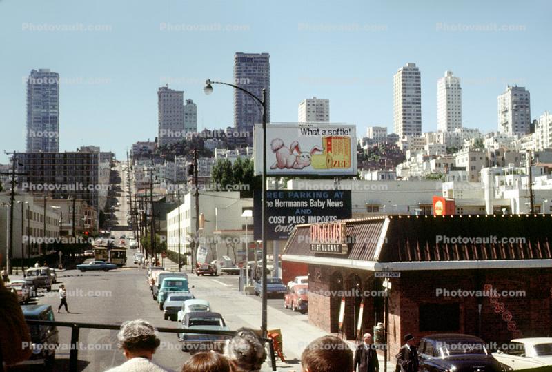 Pattys Restaurant, Burgers, Russian Hill, Cars, Vehicles, North-Beach, buildings, highrise, June 1968, 1960s