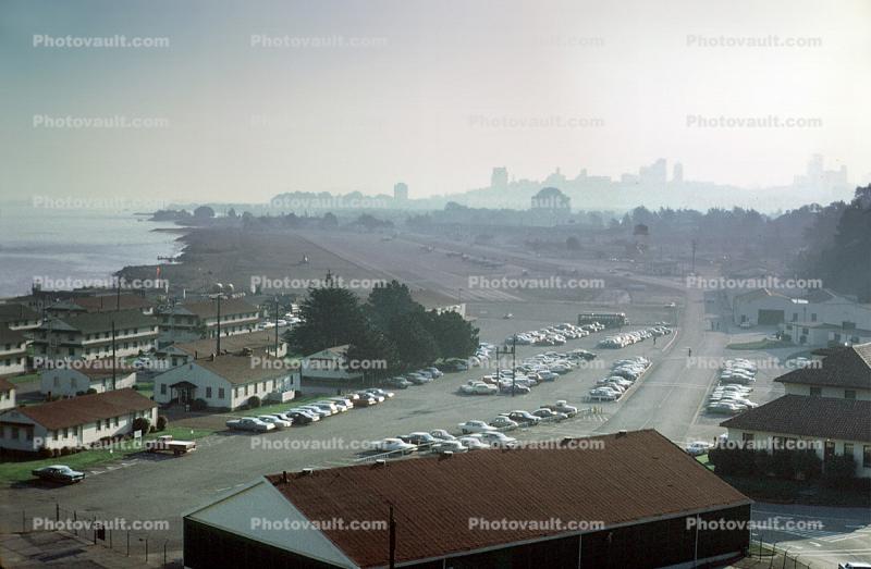 Crissy Field, parked cars, buildings, barracks, Runway, 1968, 1960s