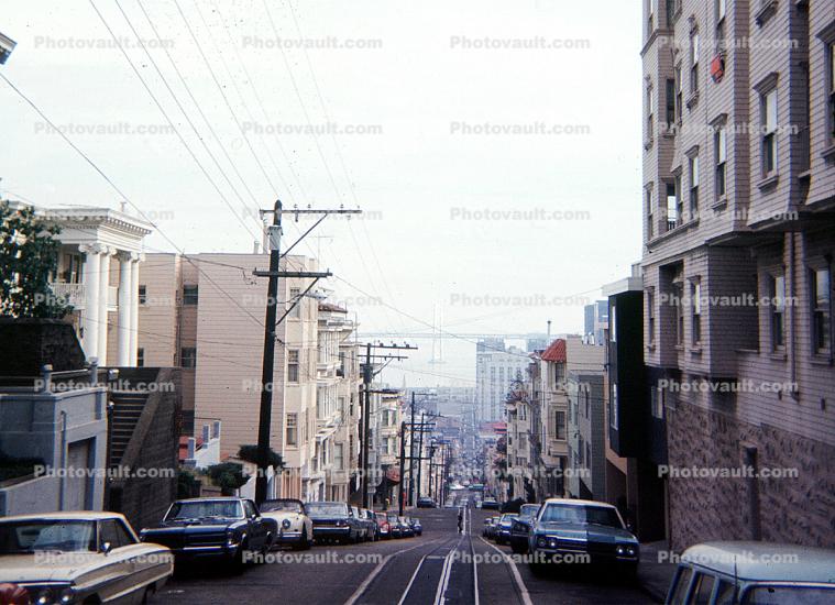 Parked cars, Rail Tracks, Vehicles, Russian Hill, 1968, 1960s