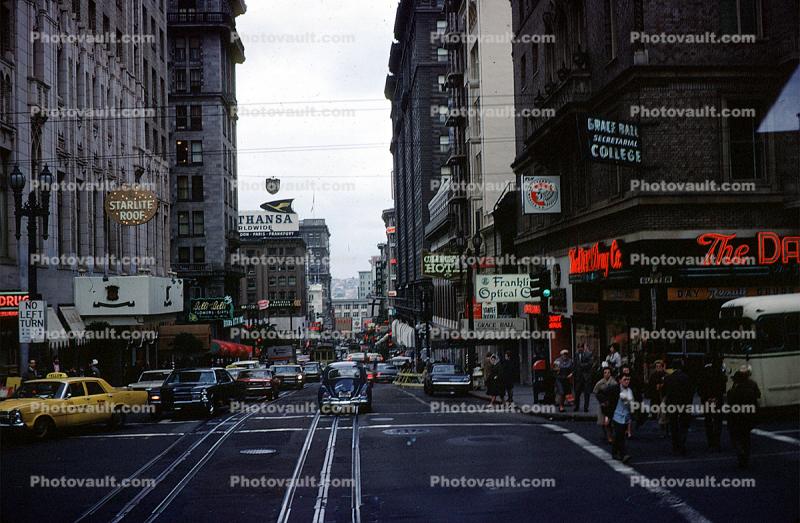 Powell Street, cars, tracks, shops, stores, buildings, downtown, 1968, 1960s