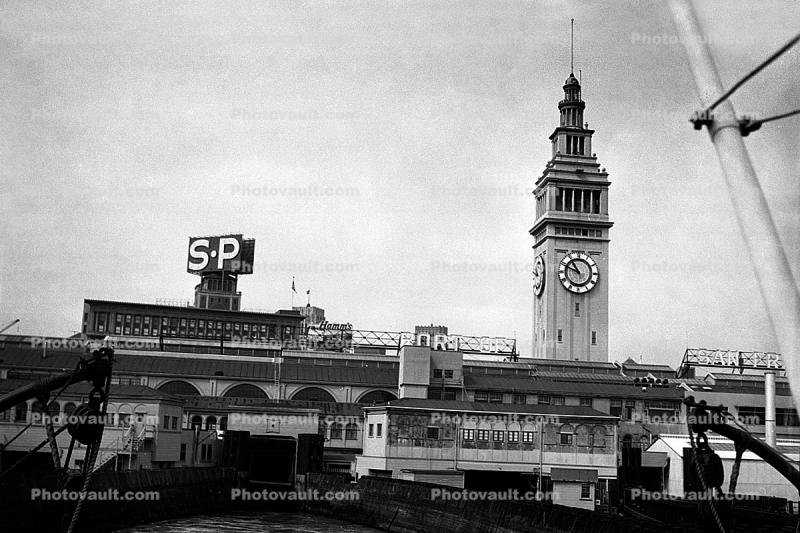 Southern Pacific Rail, buildings, waterfront, harbor, skyline, docks, 1930's
