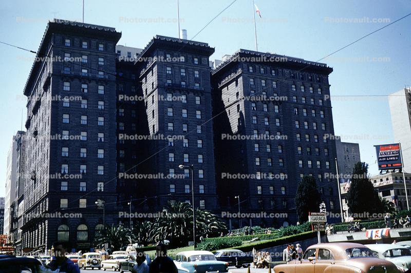 Saint Francis Hotel, building, cars, Union Square, 1950s
