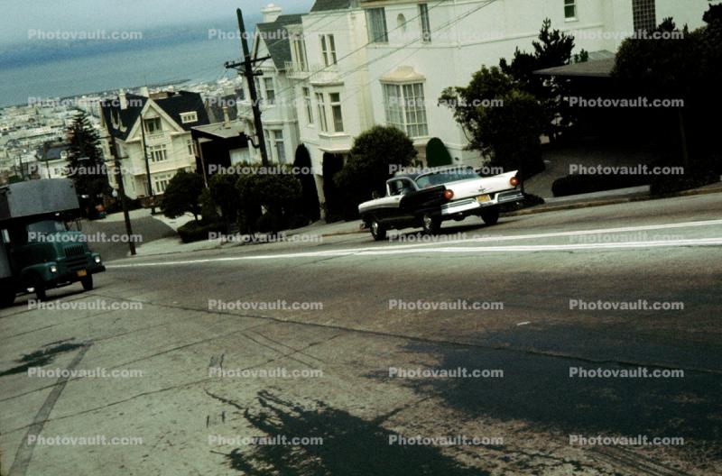 Ford Fairlane, Car on a Steep Hill, house, home, street, angle, 1950s