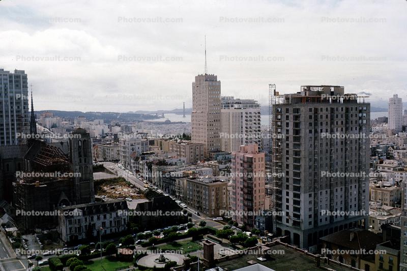 Nob Hill, Grace Cathedral, highrise buildings, June 1963, 1960s