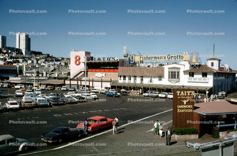 Cars parked, Fisherman's Grotto, building, Tait's, 1960s