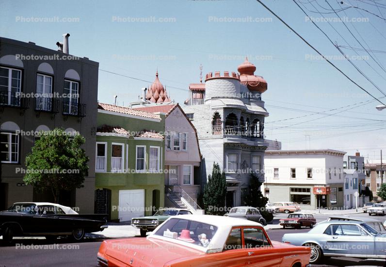 Cars, Street, Vedanta Temple, VSNC, Pacific-Heights, "Old Temple", Webster Street, July 1969, 1960s