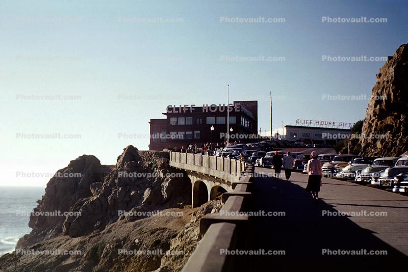 Cliff House, cars, shoreline, 1950s