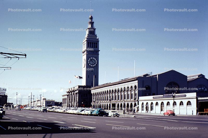 Ferry Building, the Embarcadero, cars, street, 1950s