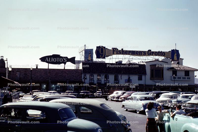 Parked Cars, Alioto's, Fisherman Grotto, buildings, 1950s