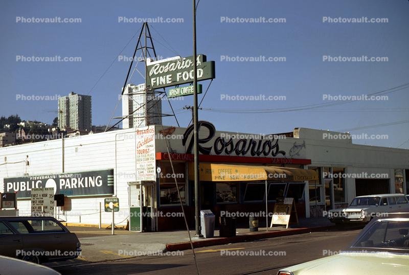 Rosario's Fine Food, Cafe, building, cars 1960s