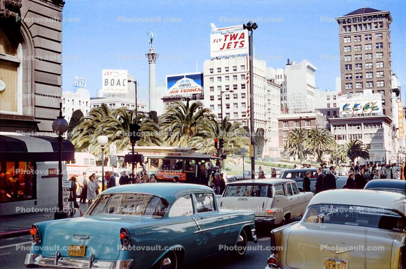 Chevy Cars, Union Square, Geary Avenue, 1957, 1950s